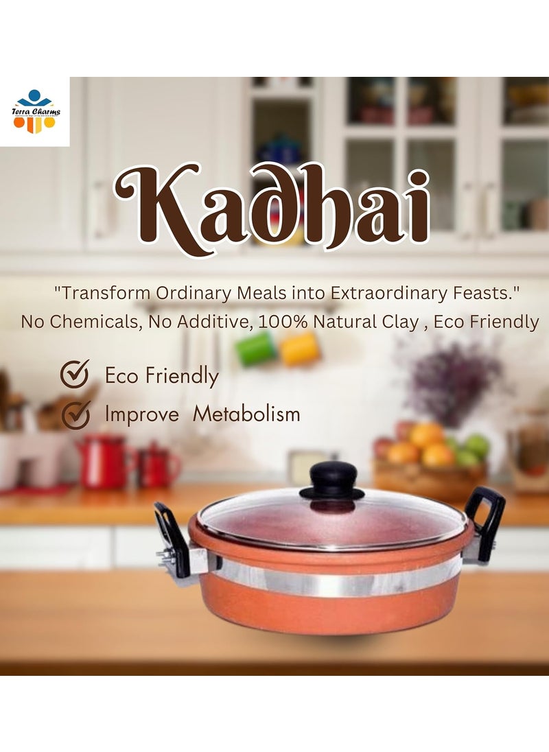 Terra Charms Terra Charms Terracotta Clay Kadai for Healthy Cooking Terracotta Kadai Organic Earthen Cookware Clay Kadai Cookware Organic Mitti Kadhai 2LTR  - Image 2