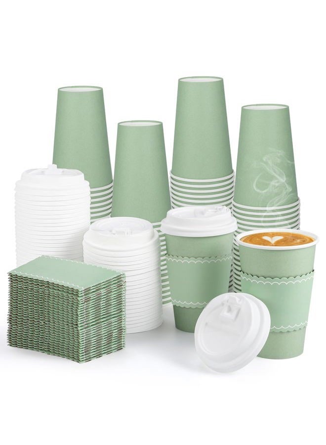 NatNarr 60 Pack Sage Green Coffee Cups with Lids Sleeves, 12oz Insulated To Go Paper Cups Sage Green Party Cups Disposable Paper Cups, Drinking Cups for Wedding Birthday Baby Shower Party Supplies - Image 1