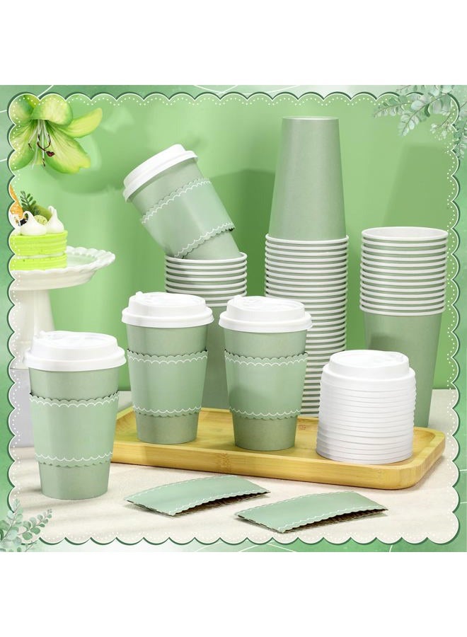 NatNarr 60 Pack Sage Green Coffee Cups with Lids Sleeves, 12oz Insulated To Go Paper Cups Sage Green Party Cups Disposable Paper Cups, Drinking Cups for Wedding Birthday Baby Shower Party Supplies - Image 3