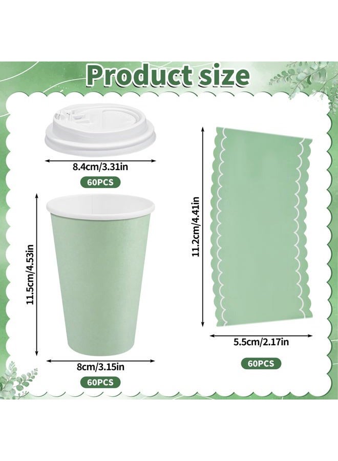 NatNarr 60 Pack Sage Green Coffee Cups with Lids Sleeves, 12oz Insulated To Go Paper Cups Sage Green Party Cups Disposable Paper Cups, Drinking Cups for Wedding Birthday Baby Shower Party Supplies - Image 2