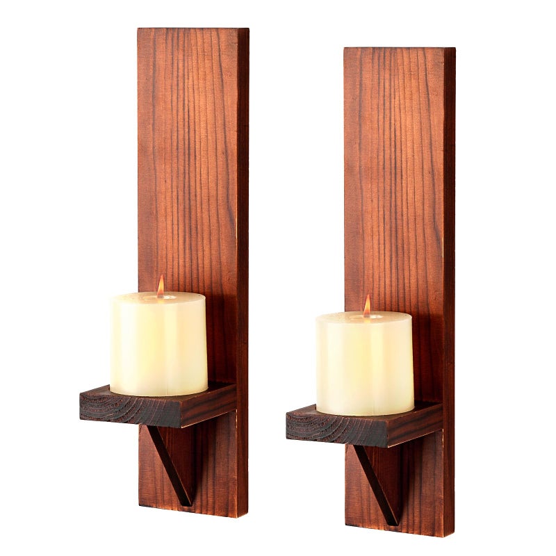 OwnMy Set of 2 Wooden Wall Candle Sconces Rustic Wall Mount Wooden Pillar Candle Sconces Brown Farmhouse Wall Candle Sconce Vintage Hanging Candle Holders Decors for Living Room