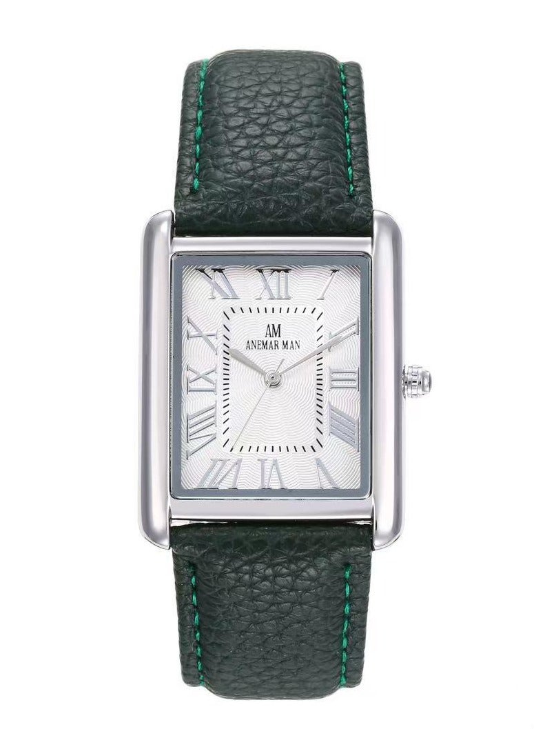 ANEMAR MAN Men's waterproof leather watch with high quality, green strap and silver dial