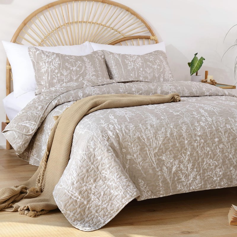 JANZAA Quilt King Size Oatmeal Quilt Bed Spread Boho Quilt with Floral Pattern Microfiber Quilts Set 3 Pieces Lightweight Comforter Reversible Bedding Set 1Quiltï¼ˆ104x90 inchesï¼‰ and 2 Pillow Cases - Image 4