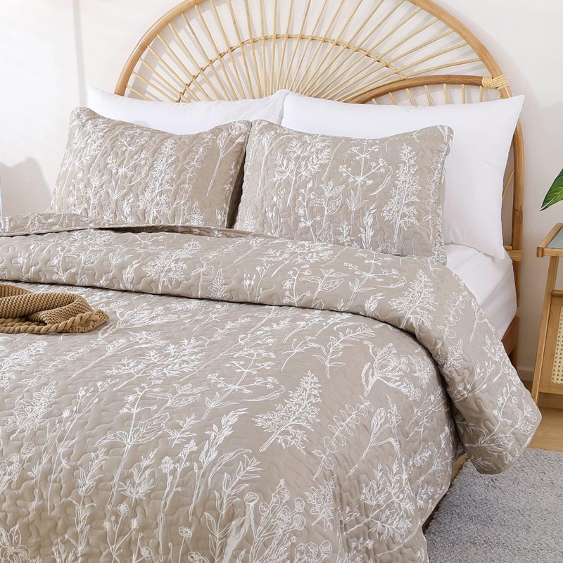 JANZAA Quilt King Size Oatmeal Quilt Bed Spread Boho Quilt with Floral Pattern Microfiber Quilts Set 3 Pieces Lightweight Comforter Reversible Bedding Set 1Quiltï¼ˆ104x90 inchesï¼‰ and 2 Pillow Cases - Image 5