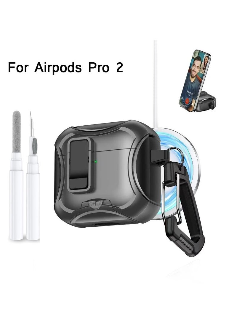 Compatible with AirPods Pro2 Case with Phone Stand,Full Drop Protection Automatic Snap Switch Design with Cleaner Kit for iPod Pro Charging-Black - Image 1