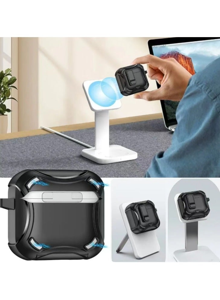 Compatible with AirPods Pro2 Case with Phone Stand,Full Drop Protection Automatic Snap Switch Design with Cleaner Kit for iPod Pro Charging-Black - Image 5