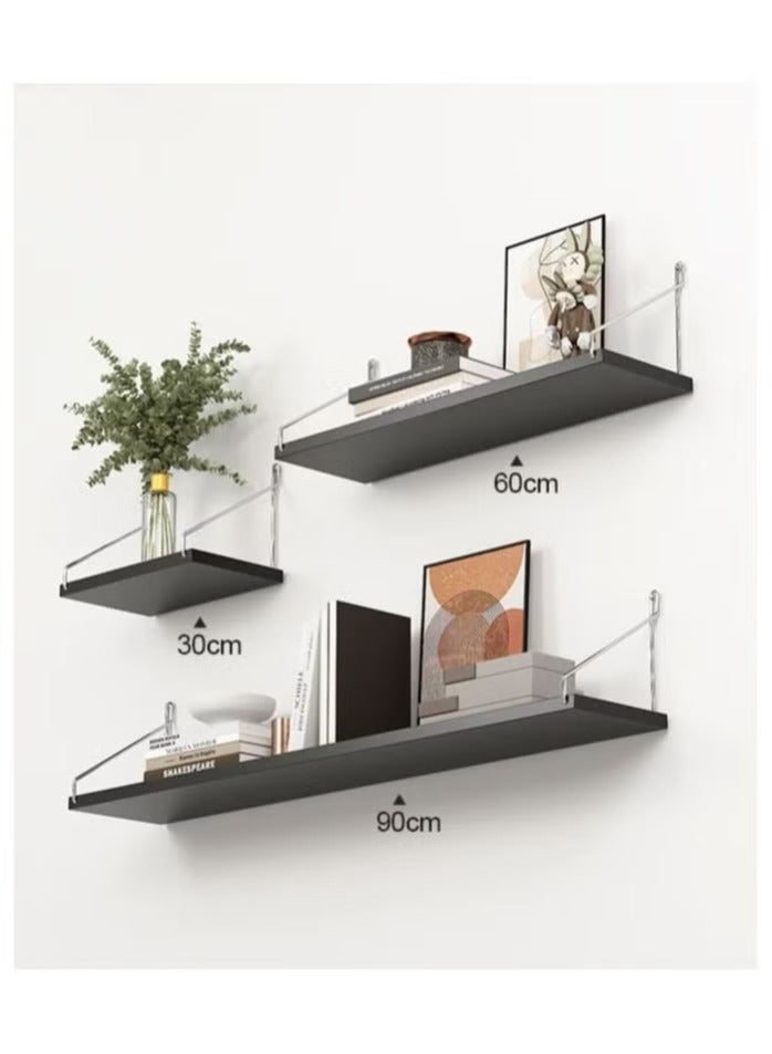 3-Piece Home Book Shelves Set Floating Shelves for Wall Hanging Wood Shelf Wooden Shelves with Metal Brackets Hanging Shelf Wall Organizers for Home Black Color Free Installation Tool - Image 1