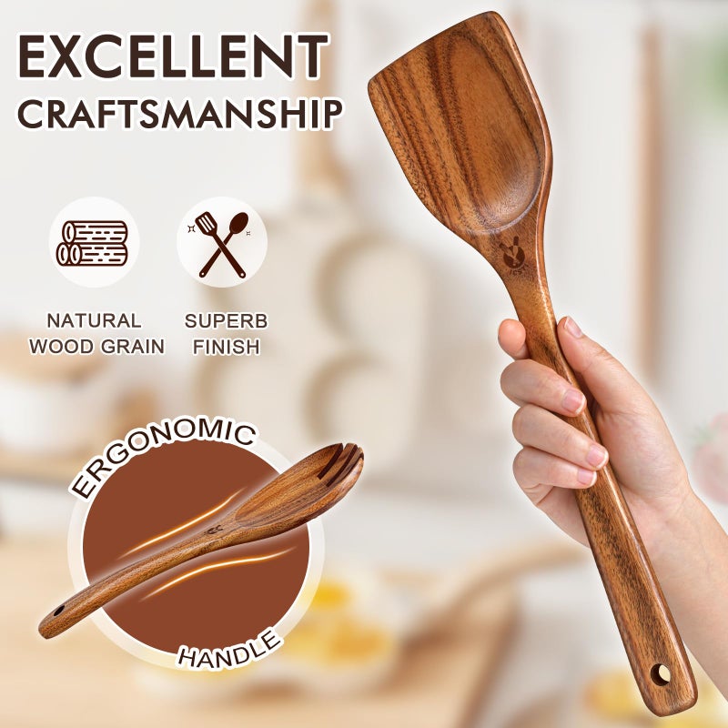ICSTI Wooden Spoons for Cooking, 10 Pcs Natural Teak Wood Kitchen Utensils Set, Comfortable Grip Wooden Utensil Set for Nonstick Pans & Cookware, Heat Resistant Wooden Spoons Wooden Spatulas Set - Image 5