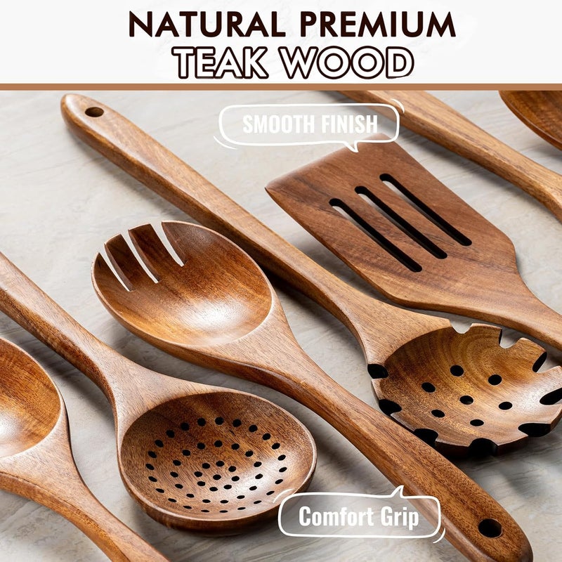 ICSTI Wooden Spoons for Cooking, 10 Pcs Natural Teak Wood Kitchen Utensils Set, Comfortable Grip Wooden Utensil Set for Nonstick Pans & Cookware, Heat Resistant Wooden Spoons Wooden Spatulas Set - Image 2