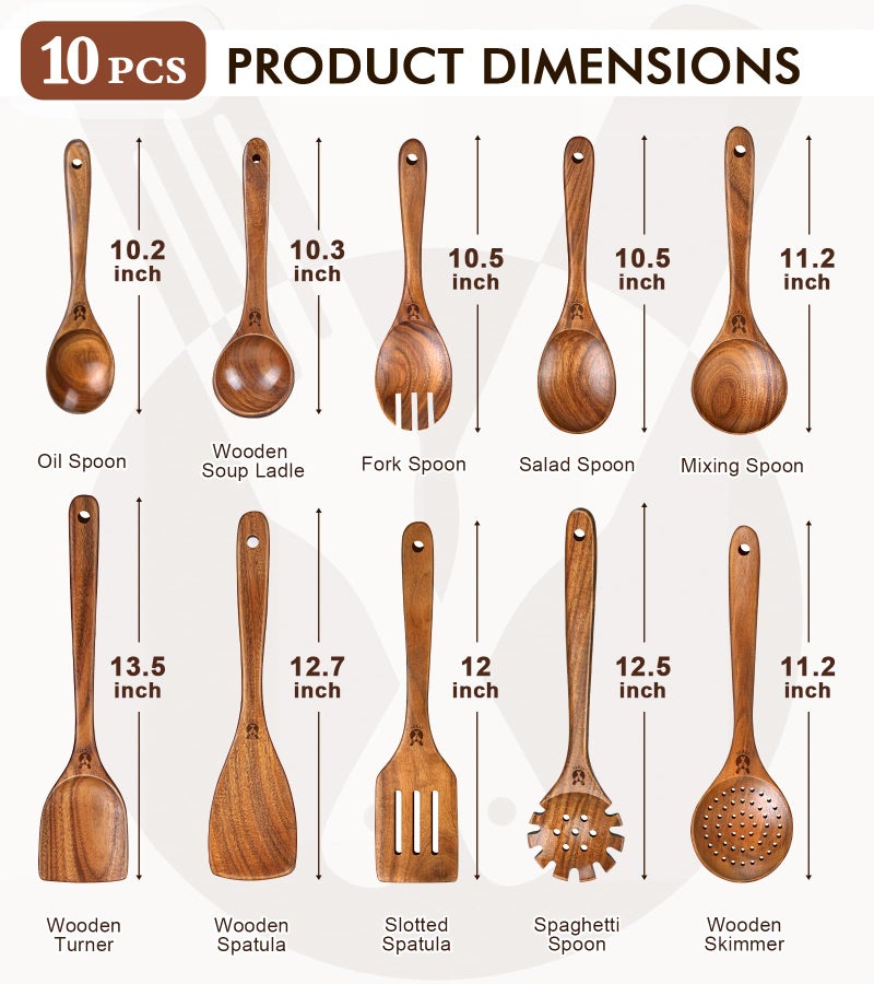 ICSTI Wooden Spoons for Cooking, 10 Pcs Natural Teak Wood Kitchen Utensils Set, Comfortable Grip Wooden Utensil Set for Nonstick Pans & Cookware, Heat Resistant Wooden Spoons Wooden Spatulas Set - Image 3