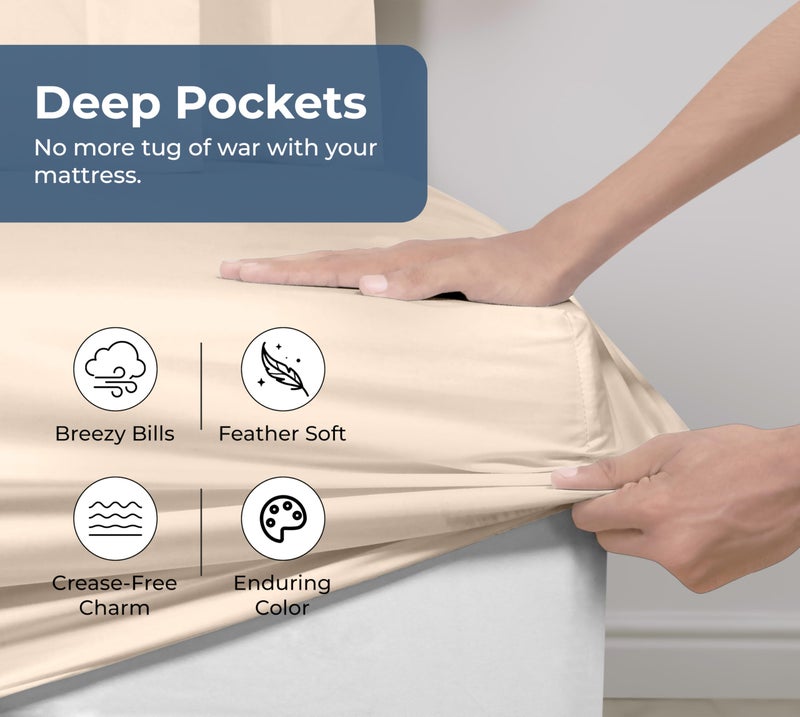 Royale Linens 100% Organic Cotton Fitted Sheet - Percale Weave - Super Soft Deep Pocket Bottom Sheets - Cream Elastic Sheet King Size - King Fitted Sheets Only - (78"x80"+15", Cream) - Image 4