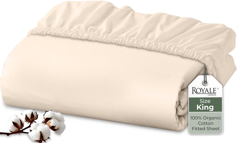Royale Linens 100% Organic Cotton Fitted Sheet - Percale Weave - Super Soft Deep Pocket Bottom Sheets - Cream Elastic Sheet King Size - King Fitted Sheets Only - (78"x80"+15", Cream) - Image 1