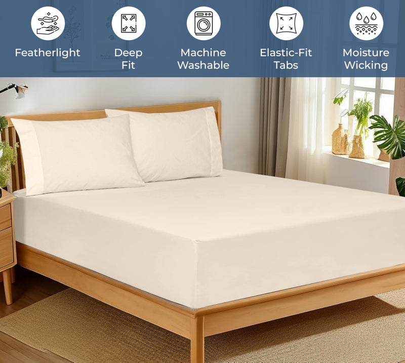 Royale Linens 100% Organic Cotton Fitted Sheet - Percale Weave - Super Soft Deep Pocket Bottom Sheets - Cream Elastic Sheet King Size - King Fitted Sheets Only - (78"x80"+15", Cream) - Image 3