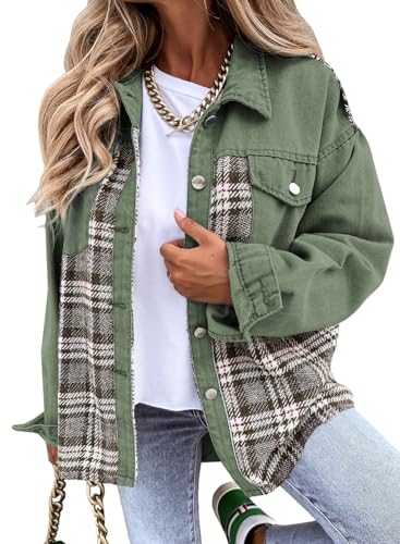 Shein SHEWIN Womens Fall Fashion 2025 Jean Jacket Long Sleeve Cozy Oversized Denim Jacket Button Down Fall Clothes Flannel Denim Outfit for Women Green X-Large - Image 1