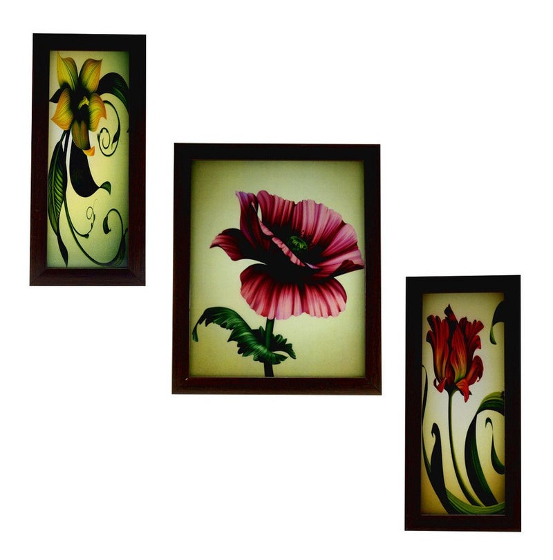 Indianara 3 Piece Set of Floral Framed Wall Hanging Art (6 X 13, 10.2 X 13, 6 X 13 INCH, Brown) - Image 1