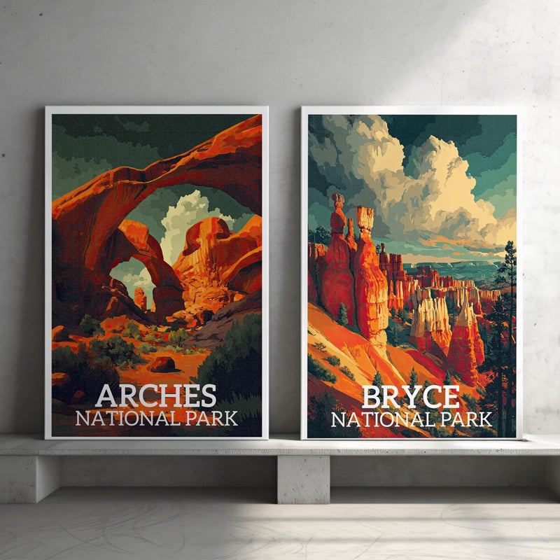 TNESSENTIAL Arches and Bryce Canyon National Park Wall Art Set of 2 Poster or Canvas Prints, Vintage Southern Utah Travel Print, Sandstones Wall Decor - Image 1