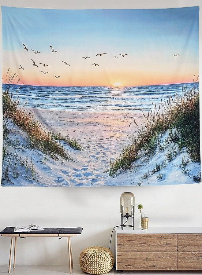 Algasan Ocean Beach Tapestry, Sea Sunset Seabird and Beach with Grass Tapestries Natural Landscape Tapestry Aesthetic for Bedroom Living Room Office Decor 60x40 Inches - Image 1