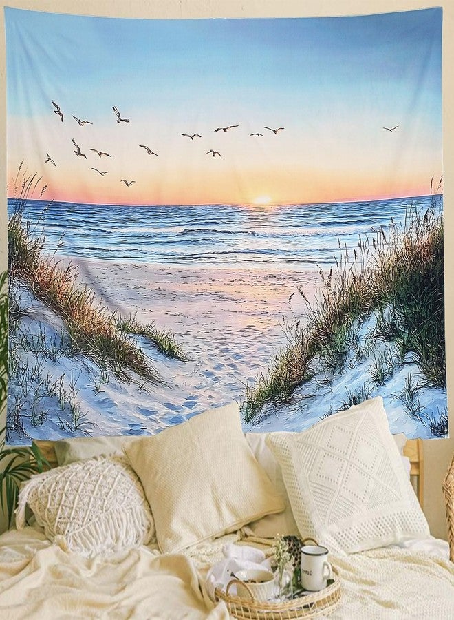 Algasan Ocean Beach Tapestry, Sea Sunset Seabird and Beach with Grass Tapestries Natural Landscape Tapestry Aesthetic for Bedroom Living Room Office Decor 60x40 Inches - Image 3