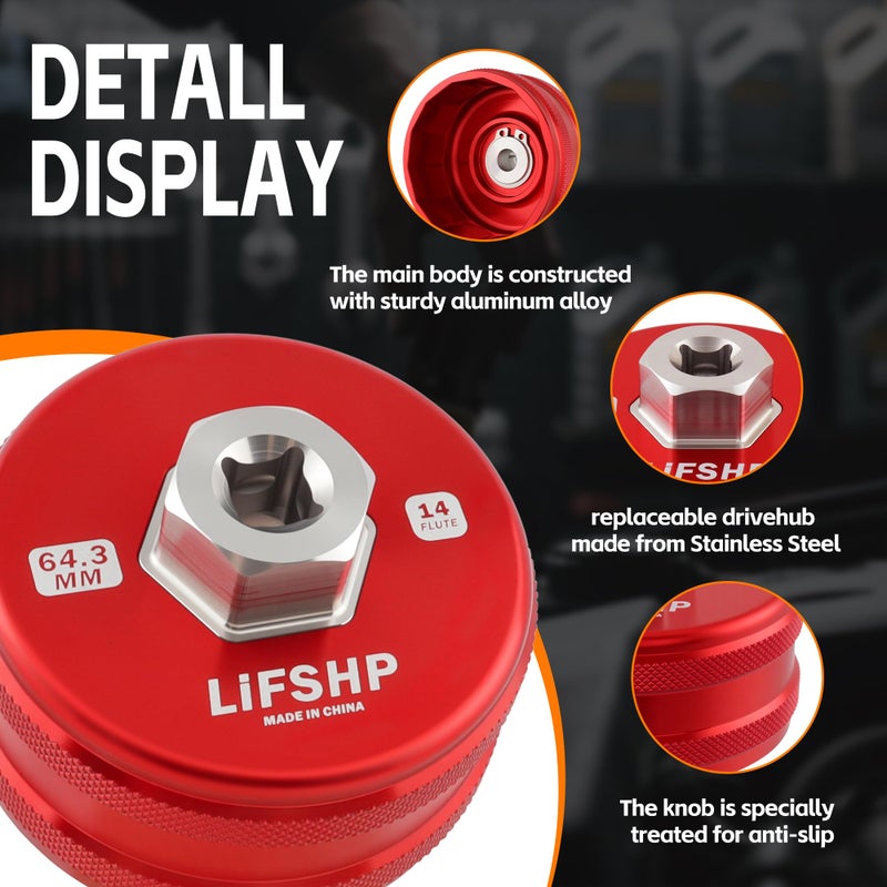 LIFSHP 64mm Oil Filter Wrench, 14 Flute for Toyota Camry, Tundra, Tacoma, 4Runner, RAV4,Precision CNC Machined Aircraft Aluminum Oil Filter Removal Tool-Red - Image 4