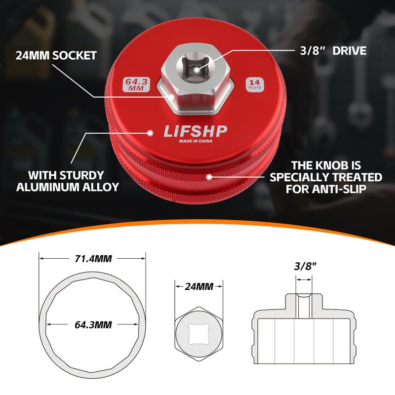 LIFSHP 64mm Oil Filter Wrench, 14 Flute for Toyota Camry, Tundra, Tacoma, 4Runner, RAV4,Precision CNC Machined Aircraft Aluminum Oil Filter Removal Tool-Red - Image 5