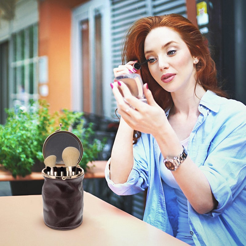 حقيبة مكياج جلدية صغيرة محمولة بتصميم كلاسيكي جميل مع مرآة (لون عنابي) - Image 3