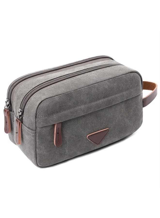 Mactso Mens Travel Toiletry Bag Canvas Leather Cosmetic Makeup Organizer Shaving Dopp Kits with Double Compartments (Gray)  - Image 1