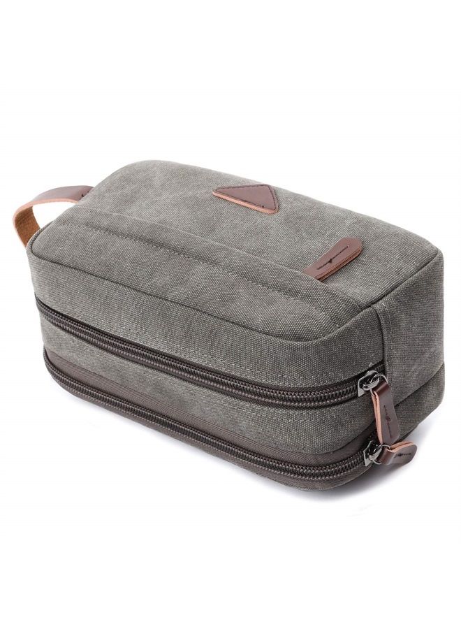 Mactso Mens Travel Toiletry Bag Canvas Leather Cosmetic Makeup Organizer Shaving Dopp Kits with Double Compartments (Gray)  - Image 2