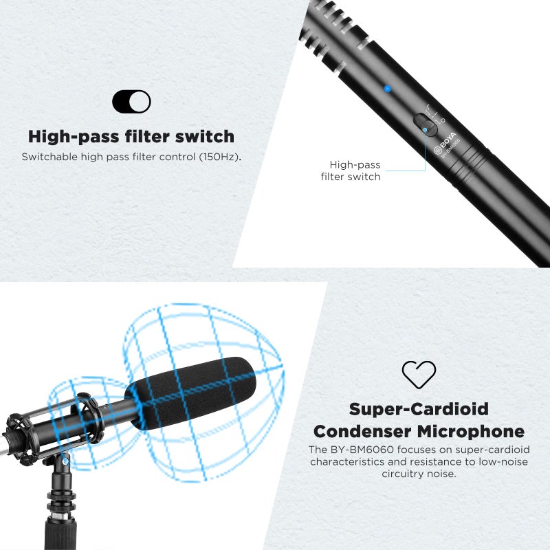BOYA XLR Microphone BY-BM6060 Super-Cardioid Shotgun Condenser Microphone with 24 48V Phantom Power for Camera Film Interview ENG/EFP Outdoor Recording - Image 2