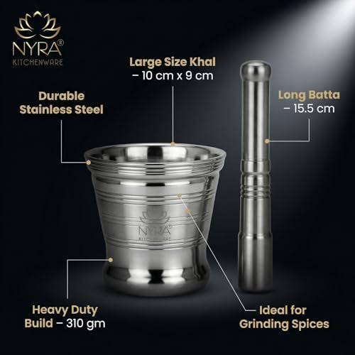 Nyra® Stainless Steel Mortar & Pestle Set | Khalbatta | Imam Dasta | Spice Mixer | Khaldasta | Okhli Masher | Kharal | Idi Kallu | Khal Musal | Imam Dasta | Home & Kitchen | - Image 4