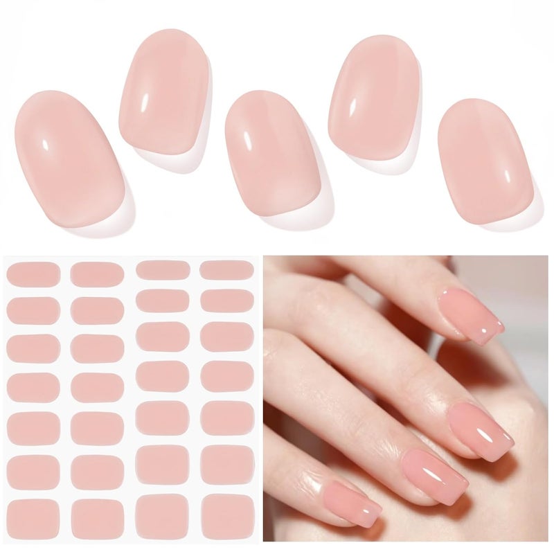 DUKASOU Semi Cured Gel Nail Strips, 28 pcs Gel Nail Strips Work with Any UV Lamp, Long Lasting Gel Nail Stickers Full Nail Wraps, Salon Quality, Easy to Apply for Wedding(Sakura Powder)