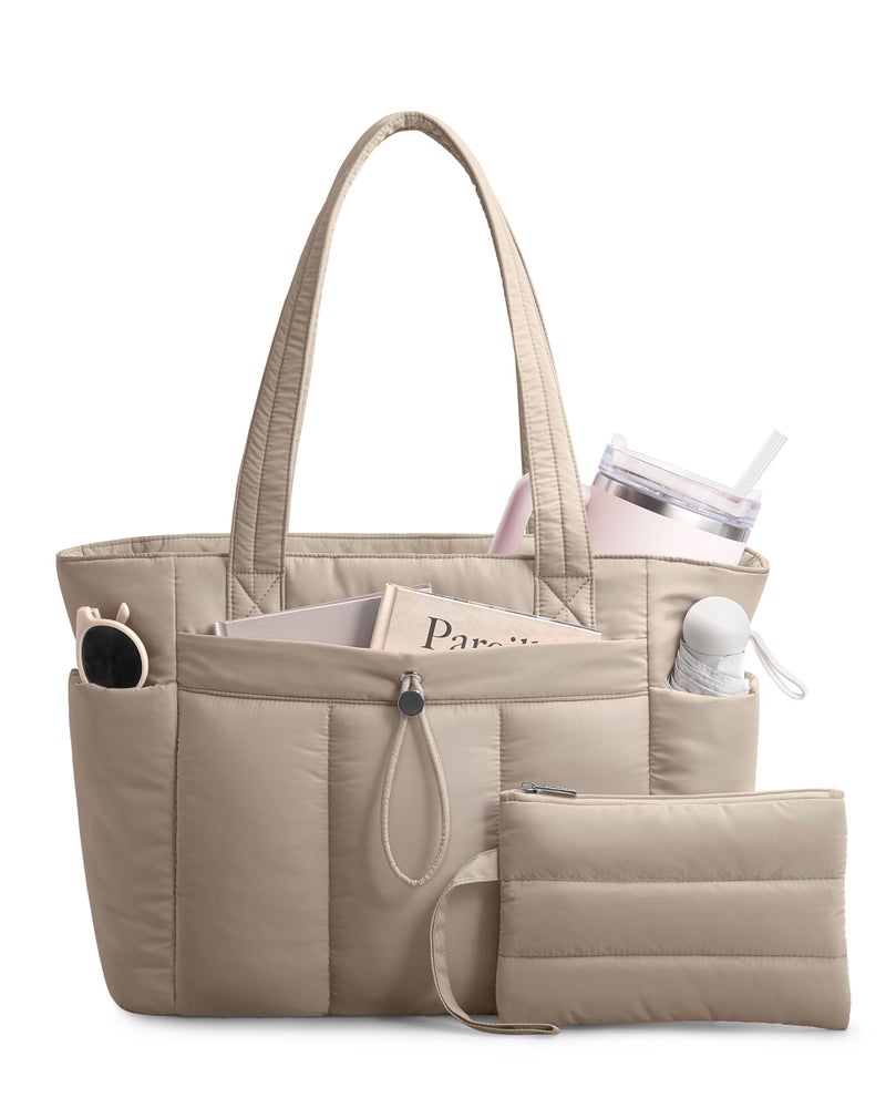 TOPDesign Puffy Tote Bag for Women with Cup Holder & Laptop Compartment & Cosmetic Bag & Trolley Sleeve for Work, Travel (M Camel) - Image 1