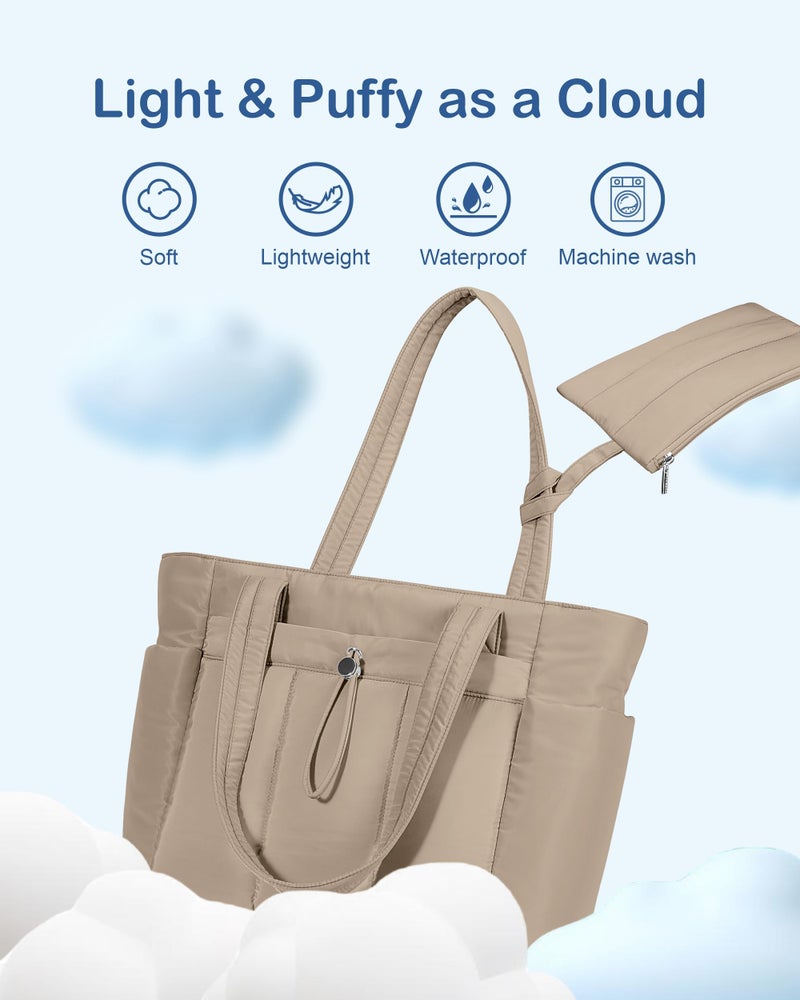 TOPDesign Puffy Tote Bag for Women with Cup Holder & Laptop Compartment & Cosmetic Bag & Trolley Sleeve for Work, Travel (M Camel) - Image 4