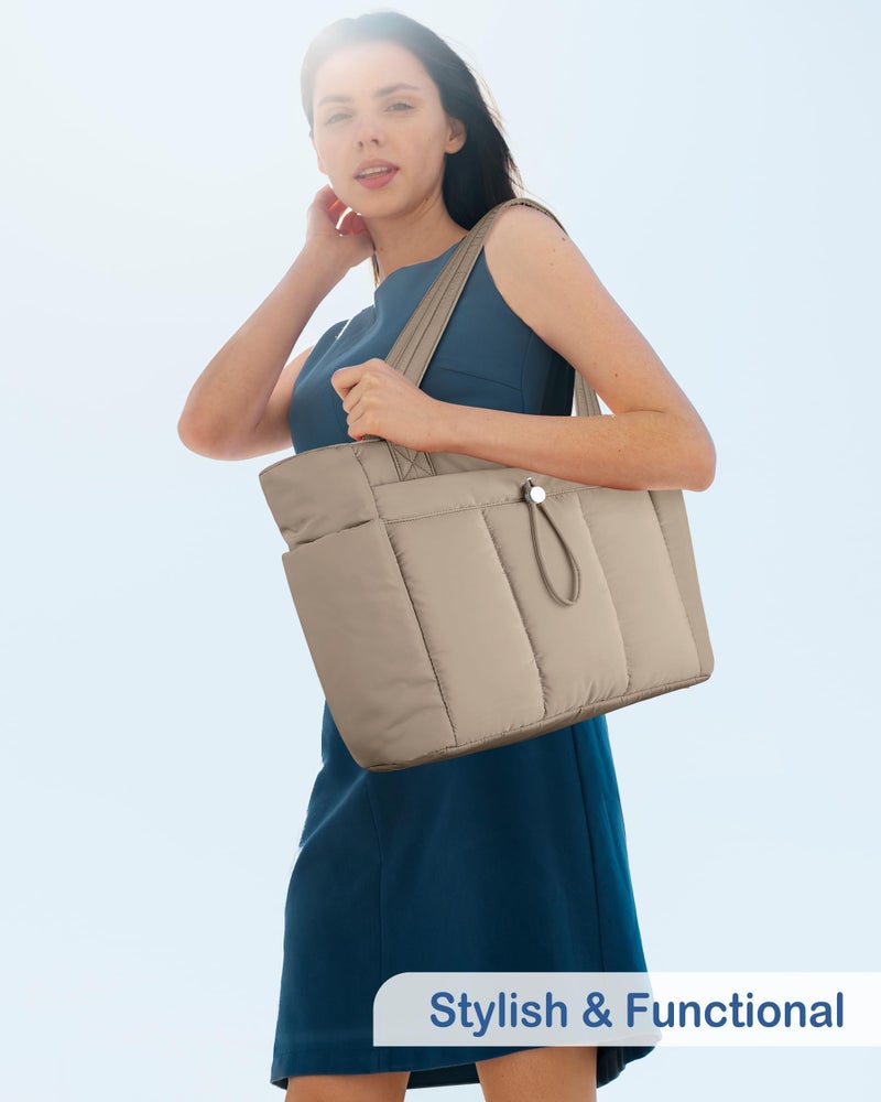 TOPDesign Puffy Tote Bag for Women with Cup Holder & Laptop Compartment & Cosmetic Bag & Trolley Sleeve for Work, Travel (M Camel) - Image 3