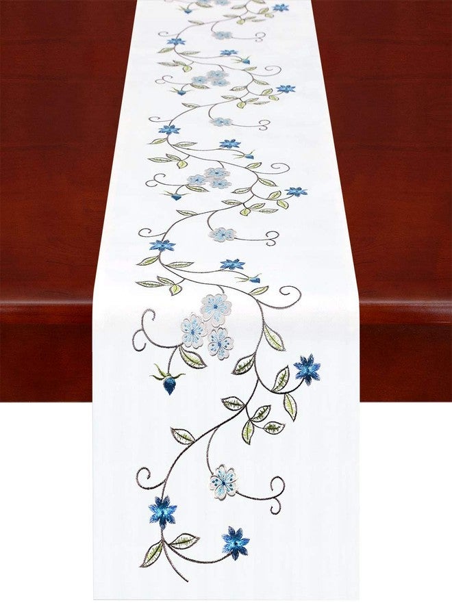 Simhomsen Double Thickness Rustic Embroidered Floral Table Runners for Spring and Summer, Dresser Scarf (Blue, 14 × 70 Inch) - Image 1