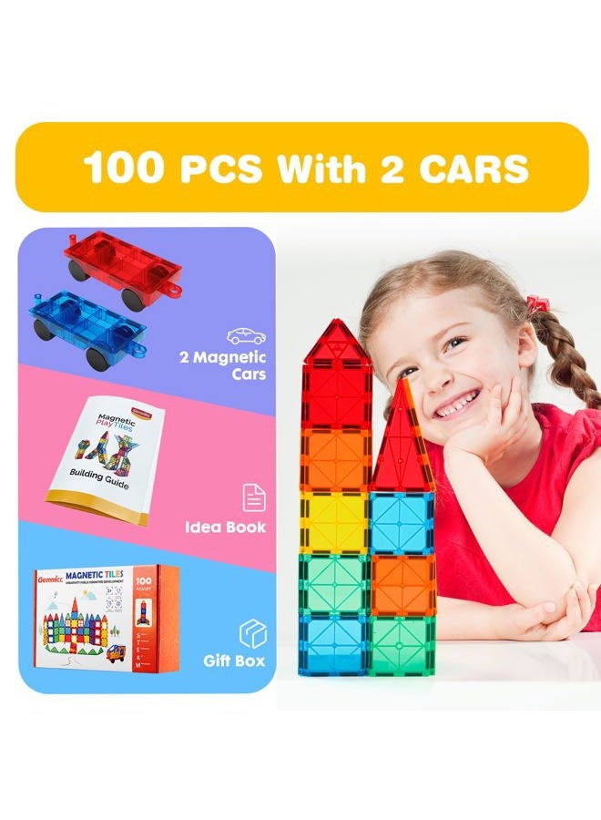Gemmicc 100 PCS Magnetic Tiles with 2 Cars, STEM Approved Educational Magnet BuildingToys, Magnet Puzzles Stacking Blocks for Boys Girls - Image 2