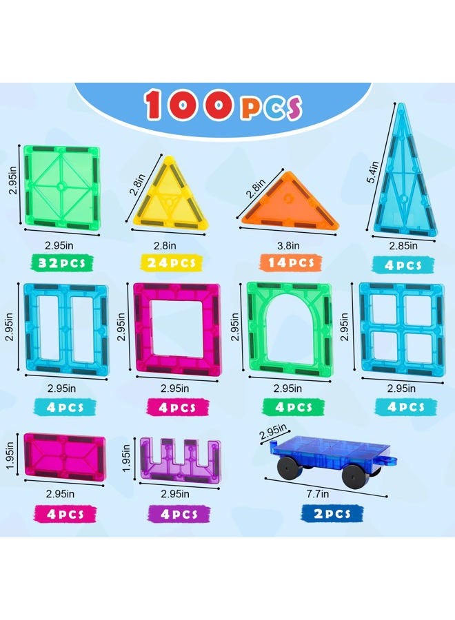 Gemmicc 100 PCS Magnetic Tiles with 2 Cars, STEM Approved Educational Magnet BuildingToys, Magnet Puzzles Stacking Blocks for Boys Girls - Image 5