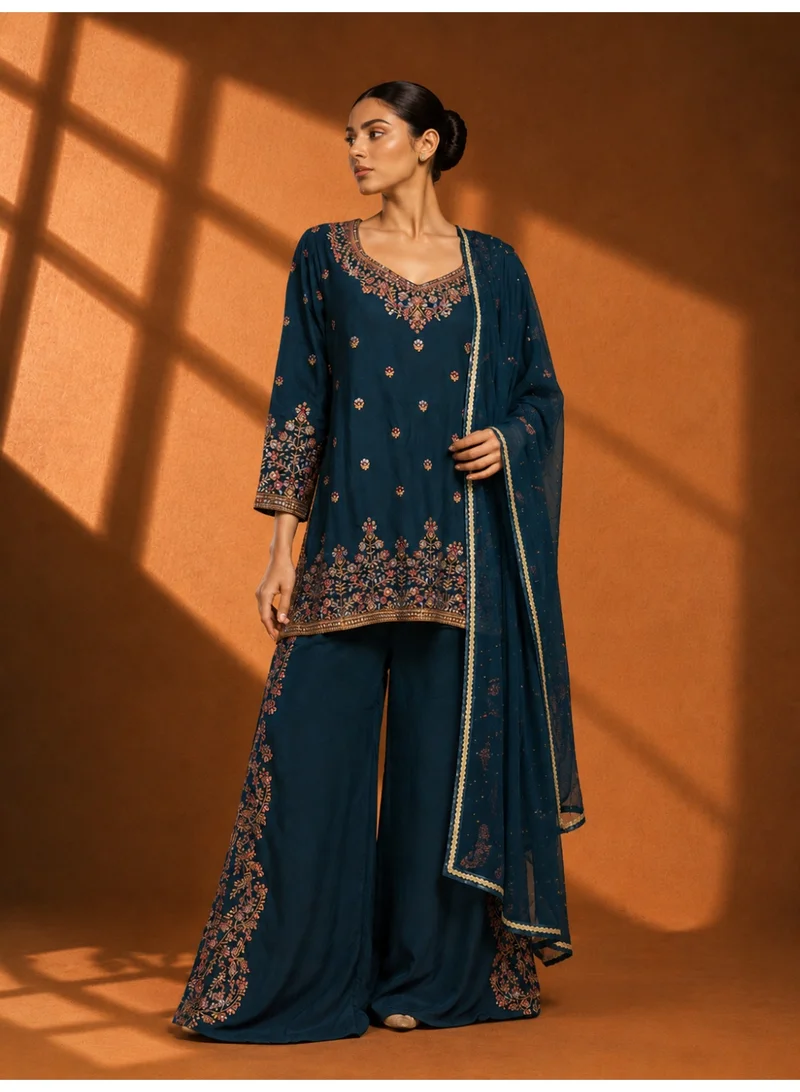 Lehar Midnight Teal Embroidered Kurta Palazzo Set with Dupatta