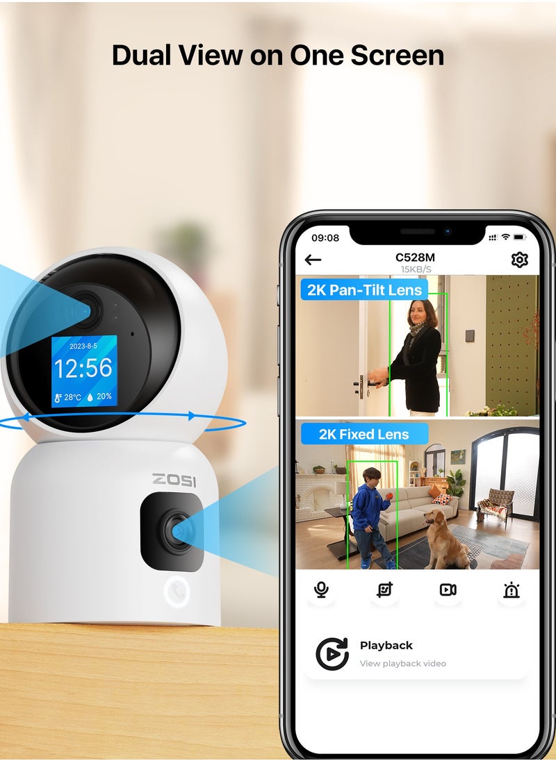 Zosi - ZOSI Dual-Lens 2K WiFi Security Camera Indoor, 355° Views Pan/Tilt Home CCTV Camera with 2 Way Audio, One-Touch Calling, Smart Person Detection, 2.4G/5G Dual-Band WiFi, C528 - Image 1