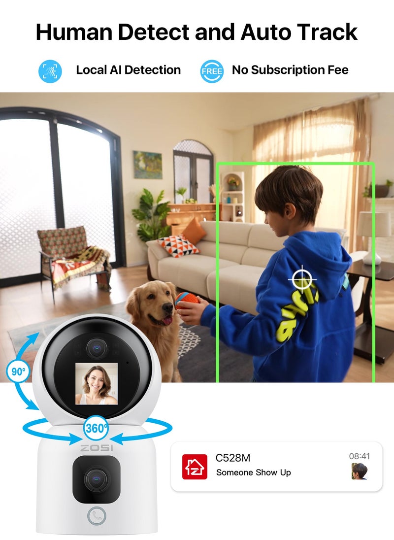 Zosi - ZOSI Dual-Lens 2K WiFi Security Camera Indoor, 355° Views Pan/Tilt Home CCTV Camera with 2 Way Audio, One-Touch Calling, Smart Person Detection, 2.4G/5G Dual-Band WiFi, C528 - Image 1