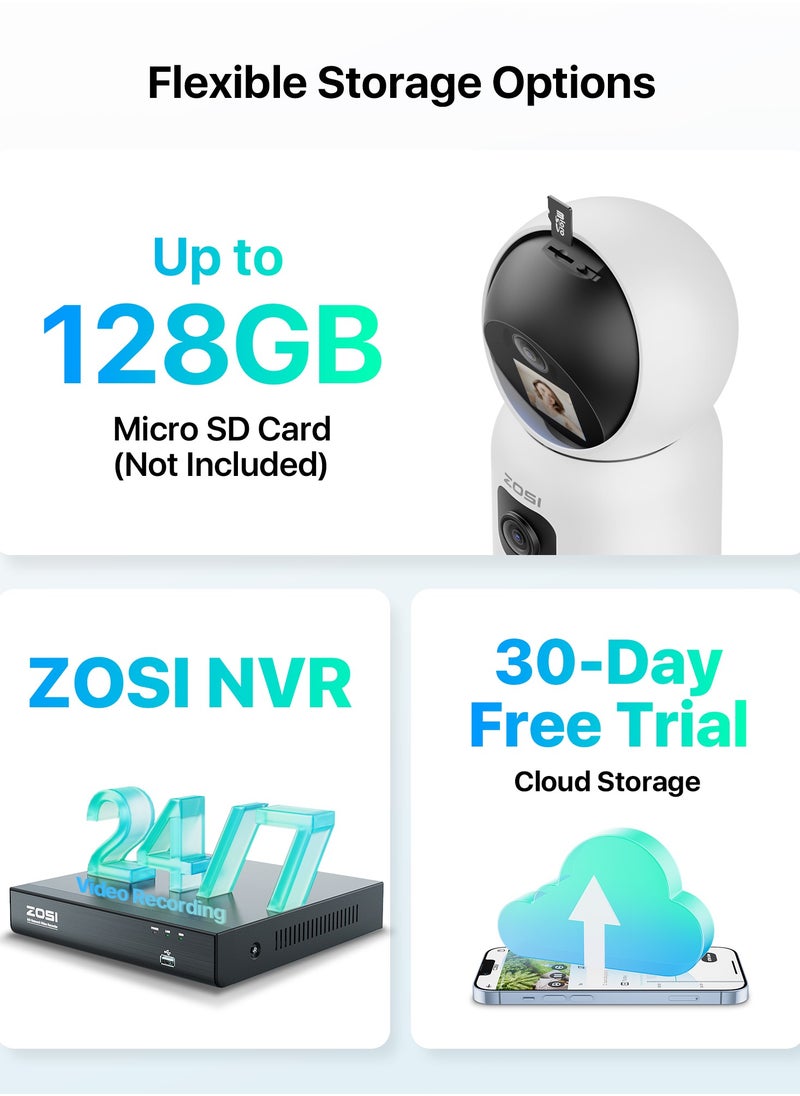 Zosi - ZOSI Dual-Lens 2K WiFi Security Camera Indoor, 355° Views Pan/Tilt Home CCTV Camera with 2 Way Audio, One-Touch Calling, Smart Person Detection, 2.4G/5G Dual-Band WiFi, C528 - Image 1