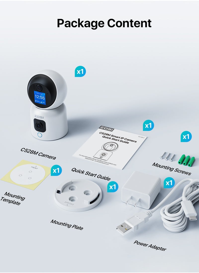 Zosi - ZOSI Dual-Lens 2K WiFi Security Camera Indoor, 355° Views Pan/Tilt Home CCTV Camera with 2 Way Audio, One-Touch Calling, Smart Person Detection, 2.4G/5G Dual-Band WiFi, C528 - Image 1