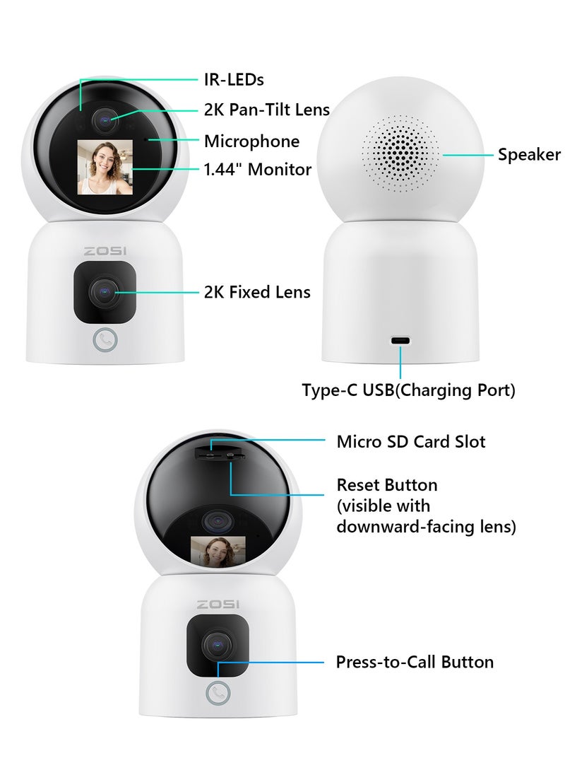Zosi - ZOSI Dual-Lens 2K WiFi Security Camera Indoor, 355° Views Pan/Tilt Home CCTV Camera with 2 Way Audio, One-Touch Calling, Smart Person Detection, 2.4G/5G Dual-Band WiFi, C528 - Image 1