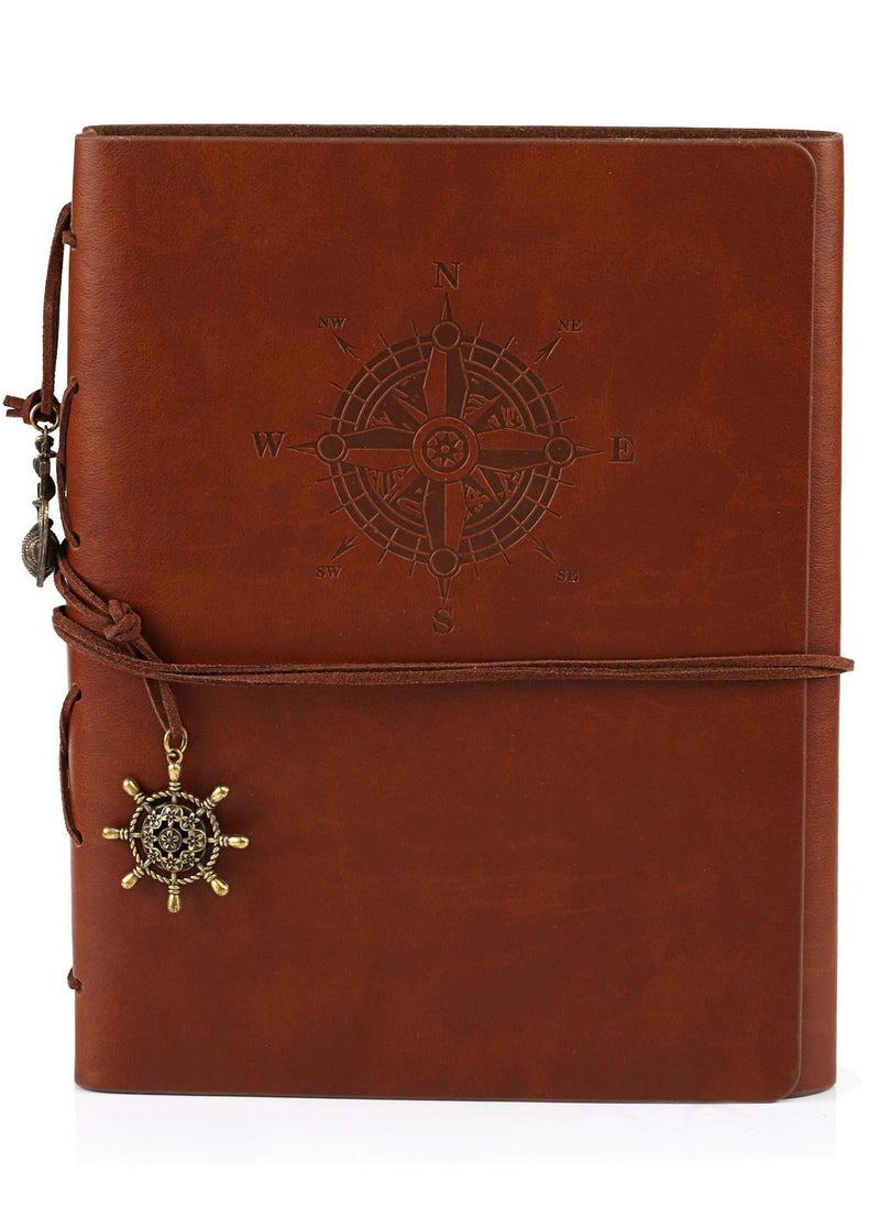 Y&D DIY Scrapbook Photo Album Refillable Leather Memory Book with Vintage Nautical Spiral Compass for Birthday Anniversary Wedding, 60 Pages, Brown  - Image 1