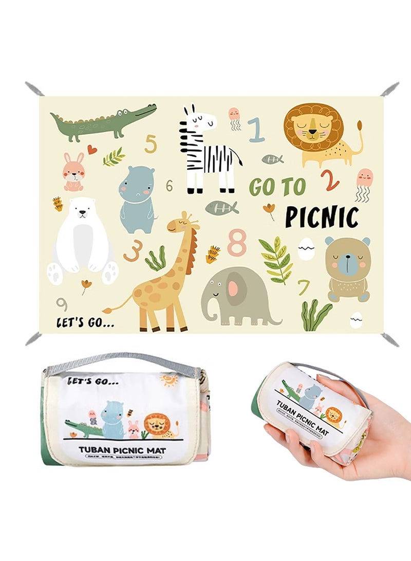 Portable Picnic Mat, Waterproof Nylon, Animal Paradise Theme, 145x100cm, Foldable Beach Blanket - Image 1