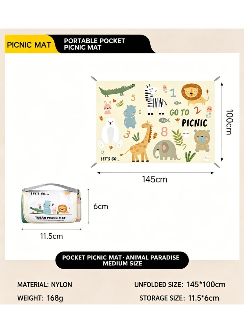 Portable Picnic Mat, Waterproof Nylon, Animal Paradise Theme, 145x100cm, Foldable Beach Blanket - Image 2