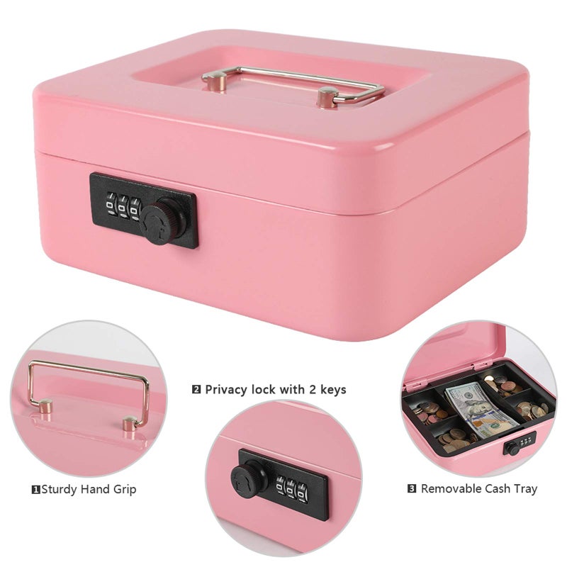xydled Steel Cash Box Safe with Combination Lock,Money Safe Box with Removable Coin Tray,Medium,7.87"x 6.30"x 3.54",Pink - Image 5