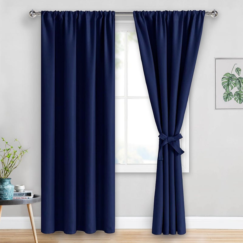 JIUZHEN Blackout Curtains for Bedroom - Thermal Insulated Room Darkening Rod Pocket Curtains for Living Room  Set of 2 Panels with Tiebacks  38 x 84 Inch Length  Navy Blue - Image 1