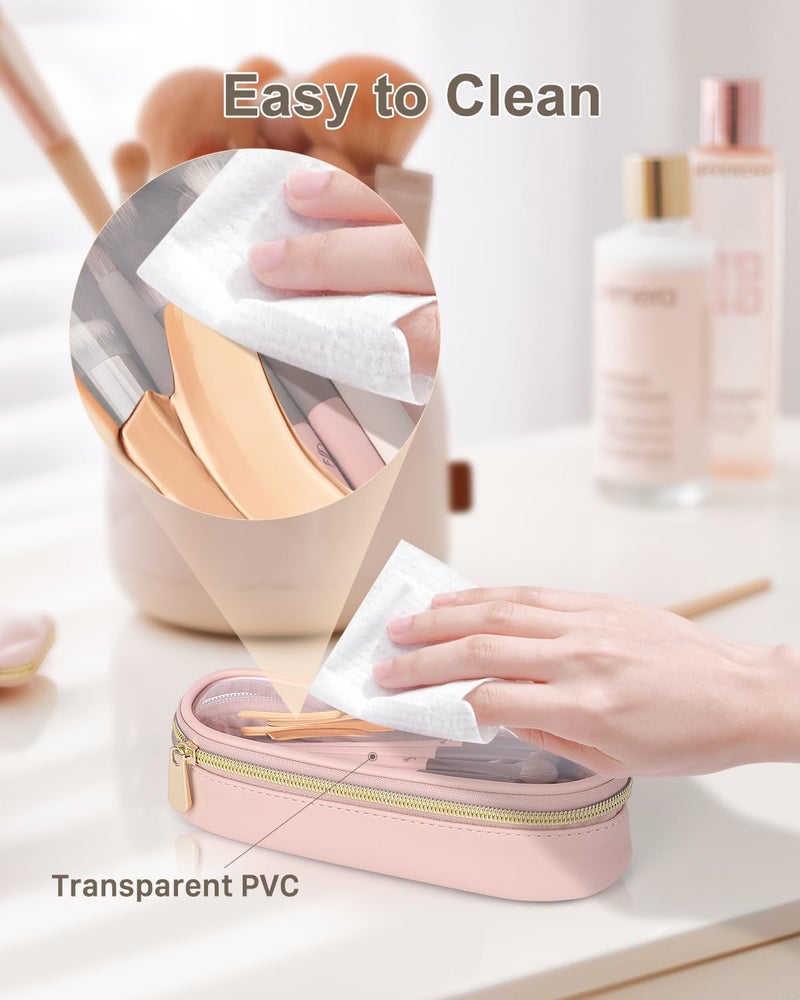 Soimeat Clear Travel Makeup Brush Holder, Leather Makeup Brush Toiletry Bag, Portable Cosmetic Brush Case, Transparent Waterproof Makeup Brush Storage Bag, Pink - Image 4