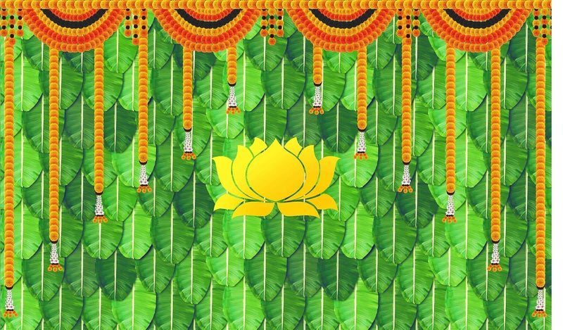 Backdropon Marigold Flower with Banana Leaf with Yellow Lotus Flower Design Backdrop for Pooja Decoration Traditional/Background Curtain Cloth for Festival Size 3 Feet Height and 5 Feet Width(3 * 5) - Image 2