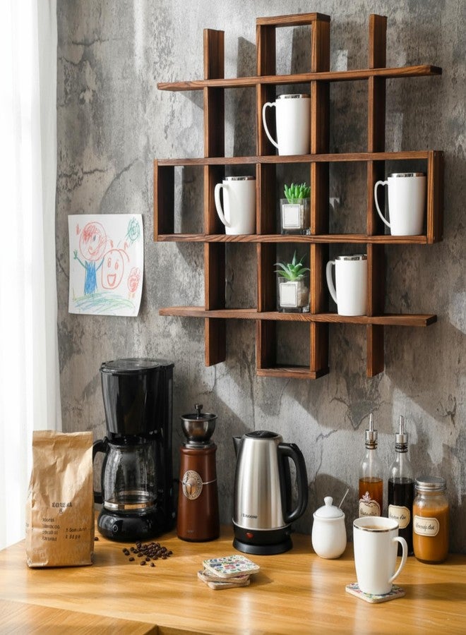 Suzile Oversize Coffee Mug Display Rack Wooden Display Shelves Rustic Wooden Floating Curio Shelf Travel Wall Mounted Coffee Mug Rack Holder Shadow Box Shelf (Grid Size 5.1x5.1x3in,Rustic Brown) - Image 2
